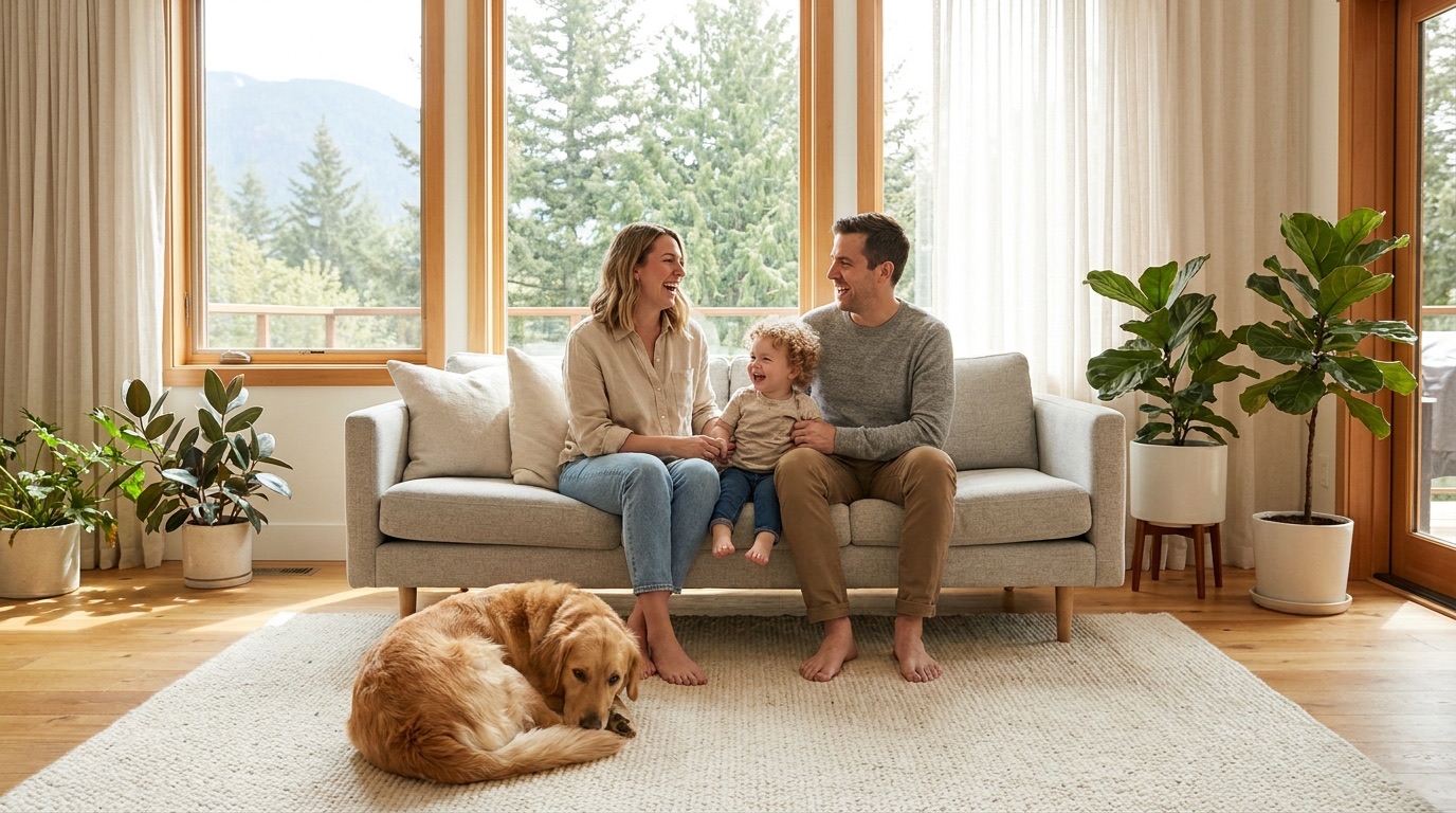 A relaxed family with their dog enjoying a bright, clean living room