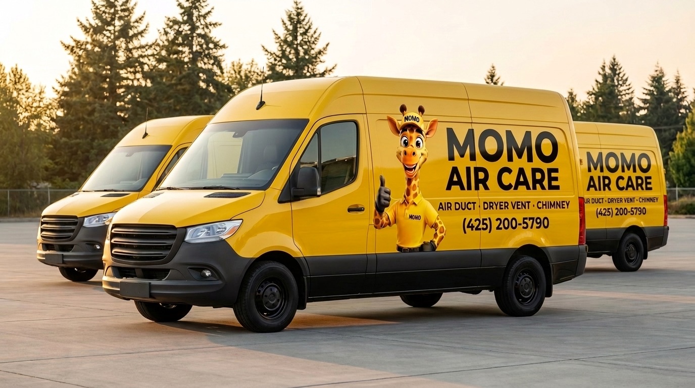 A row of yellow MOMO Air Care service vans at golden hour