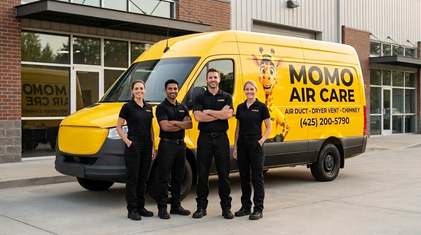 The MOMO Air Care technician team standing in front of a branded yellow service van